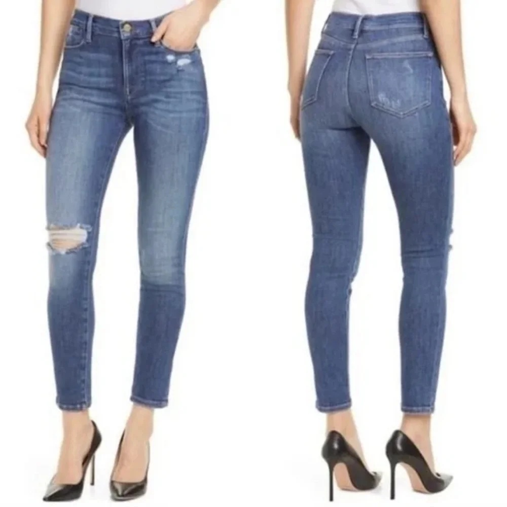 FRAME Le High Rise Skinny Jeans Distressed Saxon Wash Size 27 - Picture 6 of 6